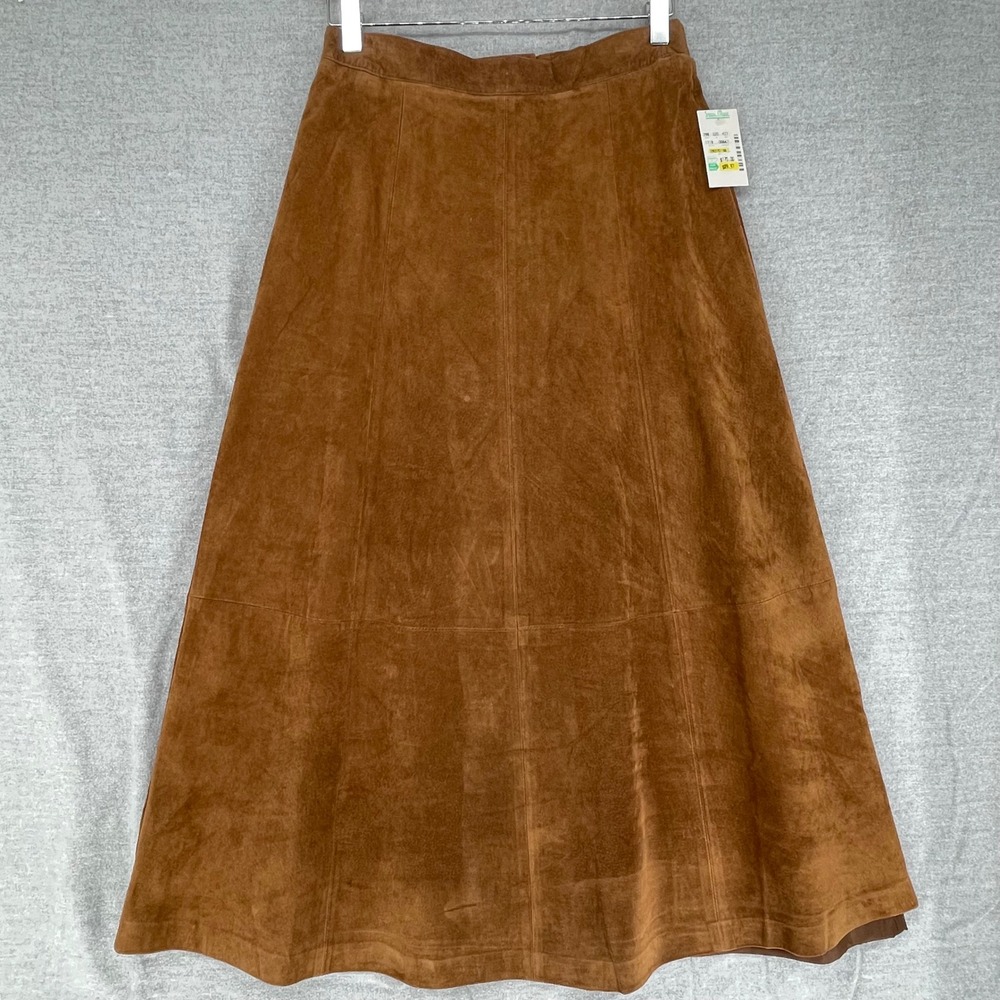 Margaret Godfrey Brown Suede Leather Midi A-Line Skirt Vintage 10P NWT